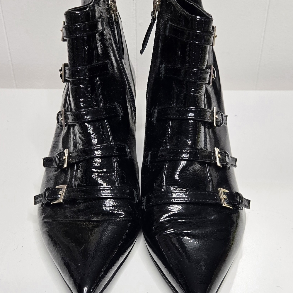 Nine West Black Patent Pointed Toe Buckle Ankle Boots